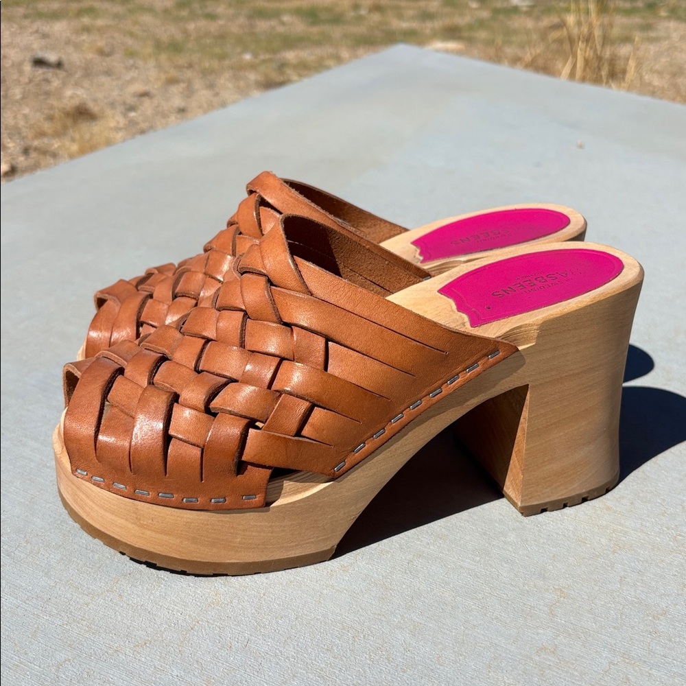 Swedish Hasbeens Brown Woven Leather Platform Clogs